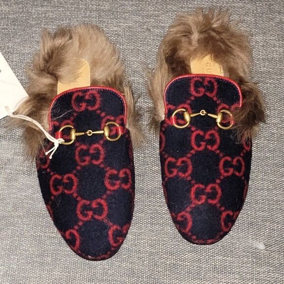 Gucci Women Blue Red & Wool GG Monogram Fur Princetown Mule Slippers 35 - Picture 1 of 16